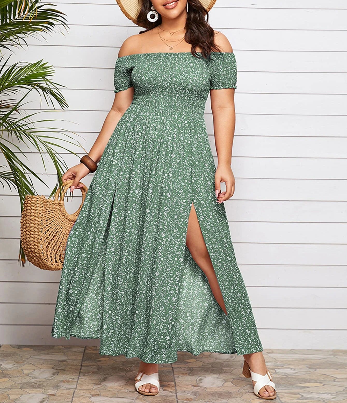 Green off-shoulder maxi dress with slit