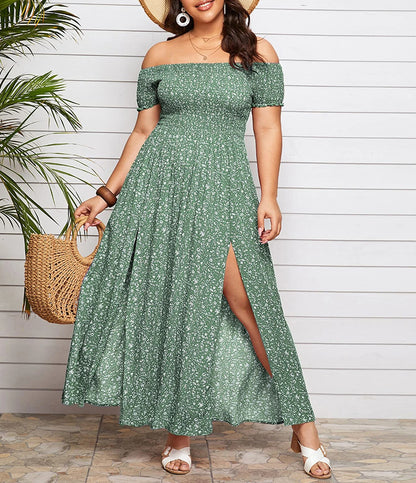 Green off-shoulder maxi dress with slit