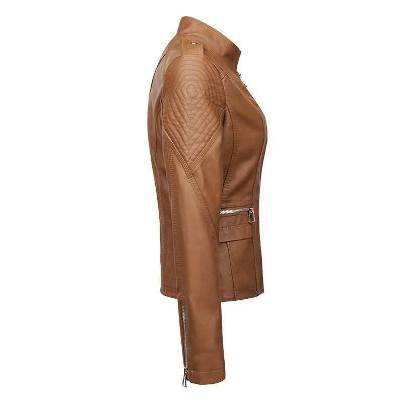 Brown fitted zip jacket with stand collar and quilted shoulders